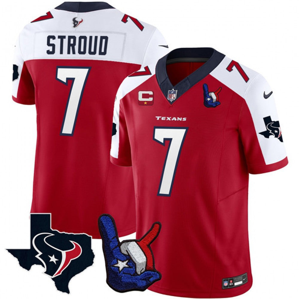 Men's Houston Texans #7 C.J. Stroud Red/White 2023 F.U.S.E. With 1-Star C And Hand Sign Throwing Up The H Patch Vapor Untouchable Limited Stitched Football Jersey 