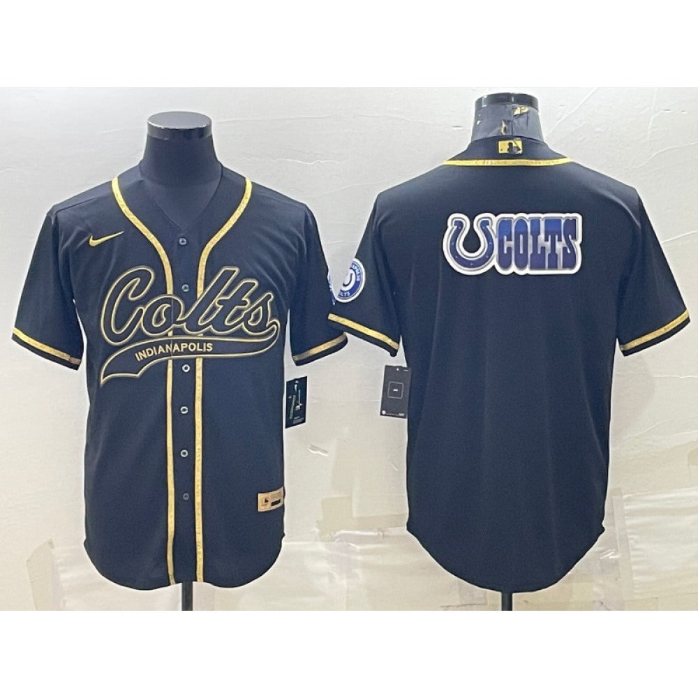 Men's Indianapolis Colts Black Gold Team Big Logo With Patch Cool Base Stitched Baseball Jersey 