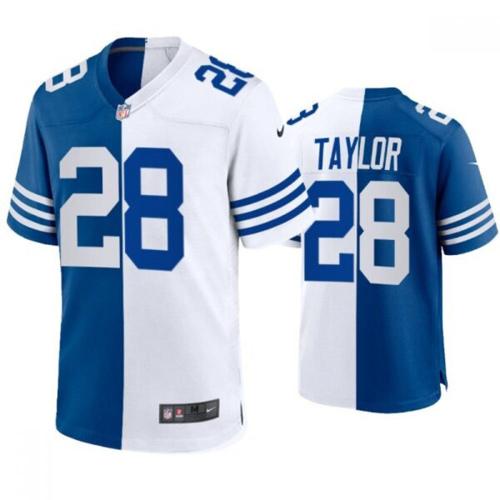 Men's Indianapolis Colts #28 Jonathan Taylor Blue White Split Limited Stitched Football Jersey 