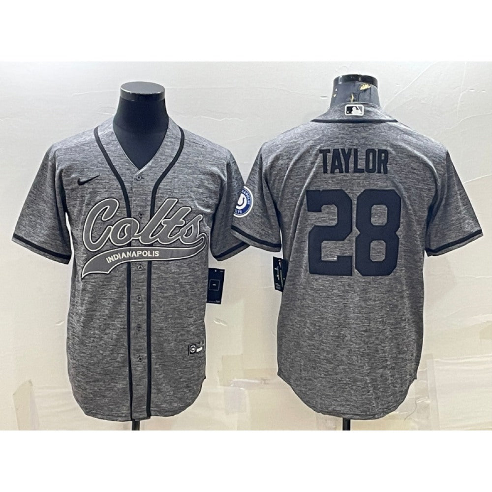 Men's Indianapolis Colts #28 Jonathan Taylor Grey With Patch Cool Base Stitched Baseball Jersey 