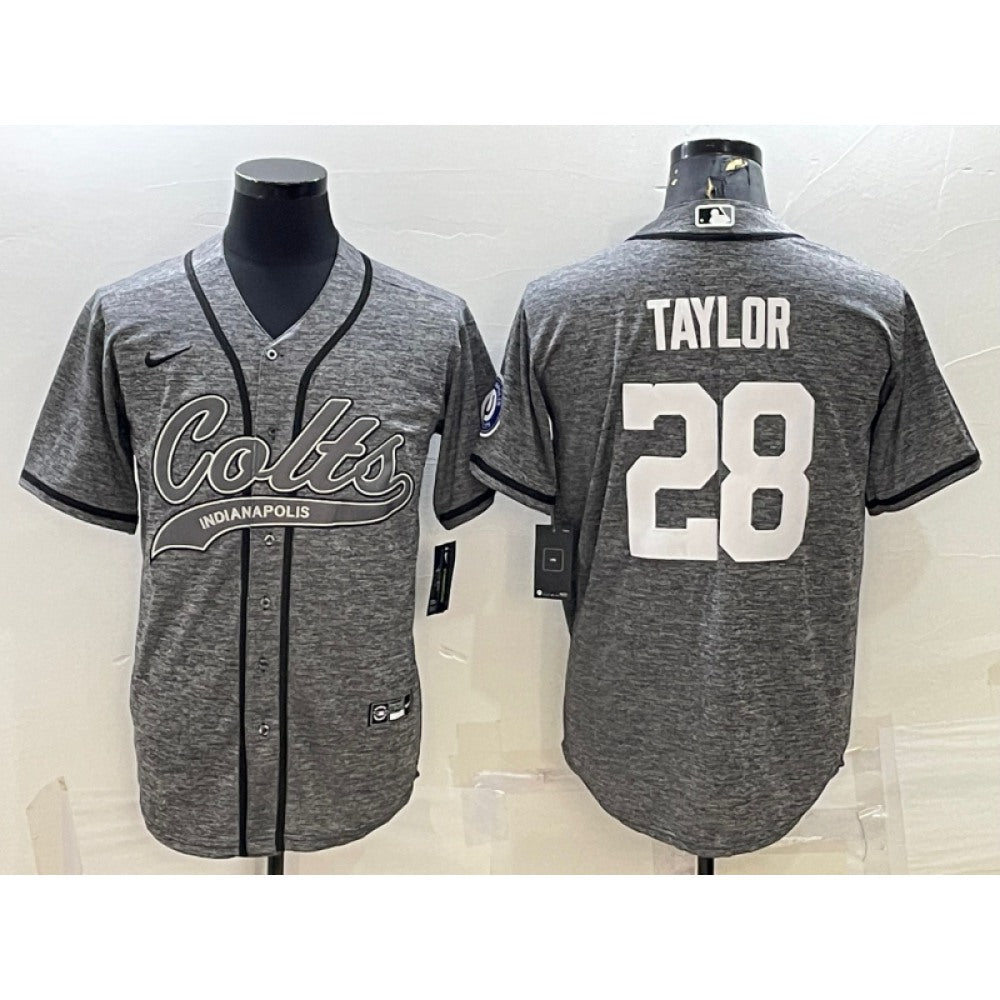 Men's Indianapolis Colts #28 Jonathan Taylor Grey With Patch Cool Base Stitched Baseball Jersey 