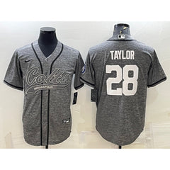 Men's Indianapolis Colts #28 Jonathan Taylor Grey With Patch Cool Base Stitched Baseball Jersey 