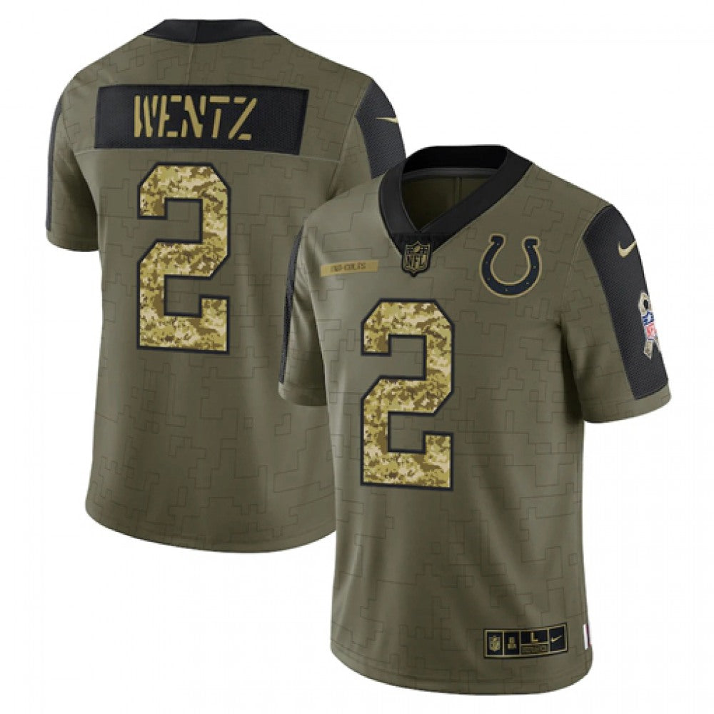 Men's Indianapolis Colts #2 Carson Wentz 2021 Olive Camo Salute To Service Limited Stitched Jersey 
