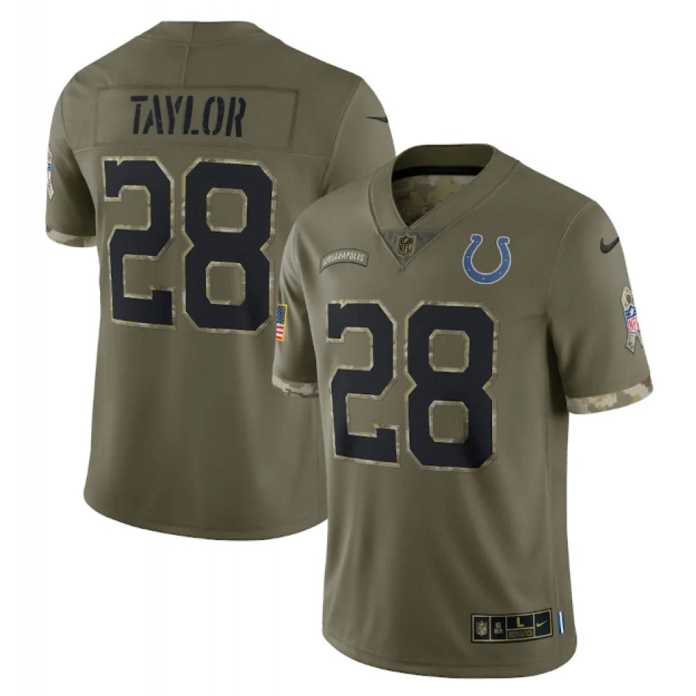 Men's Indianapolis Colts #28 Jonathan Taylor Olive 2022 Salute To Service Limited Stitched Jersey 