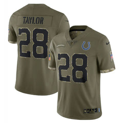Men's Indianapolis Colts #28 Jonathan Taylor Olive 2022 Salute To Service Limited Stitched Jersey 
