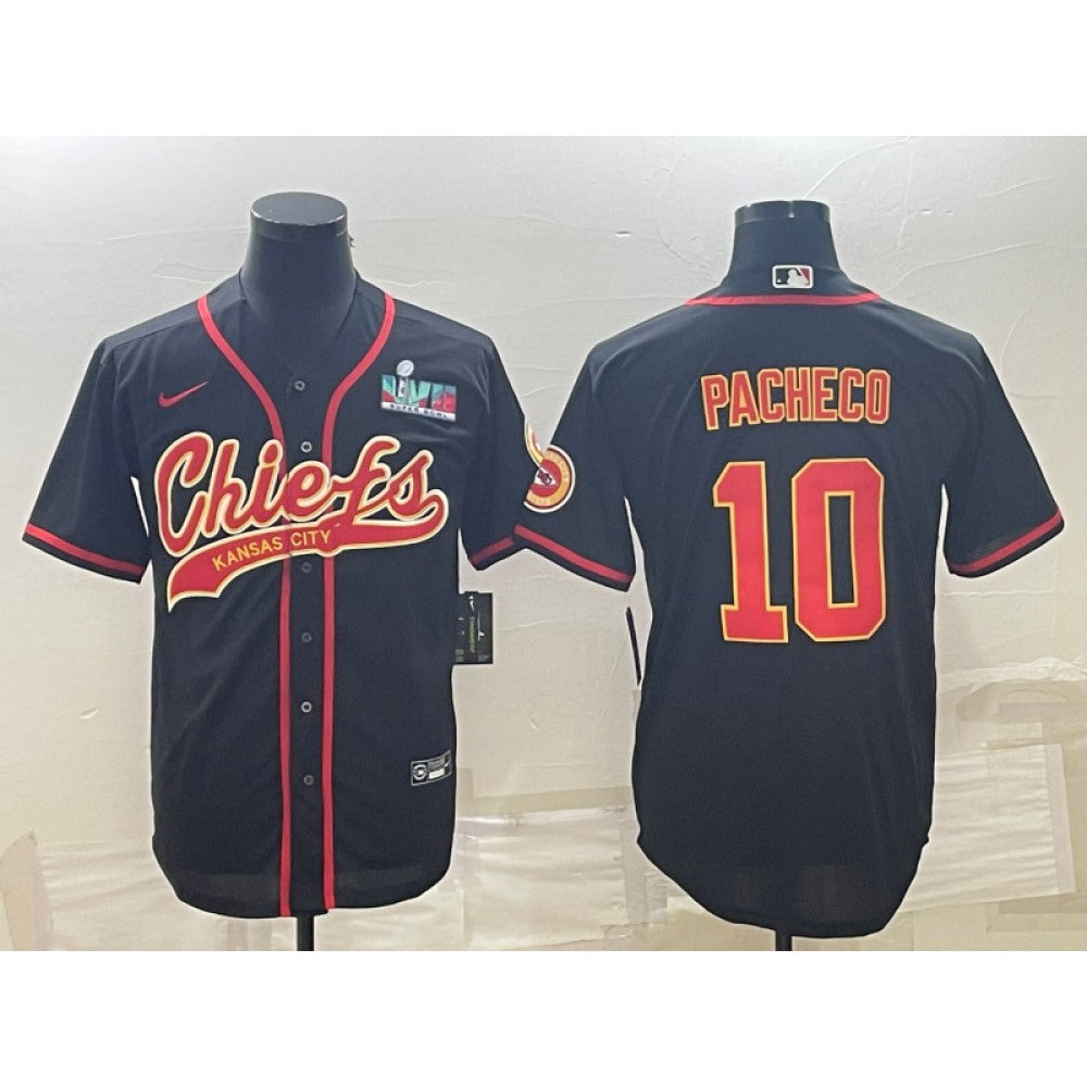 Men's Kansas City Chiefs #10 Isiah Pacheco Black With Super Bowl LVII Patch Cool Base Stitched Baseball Jersey 