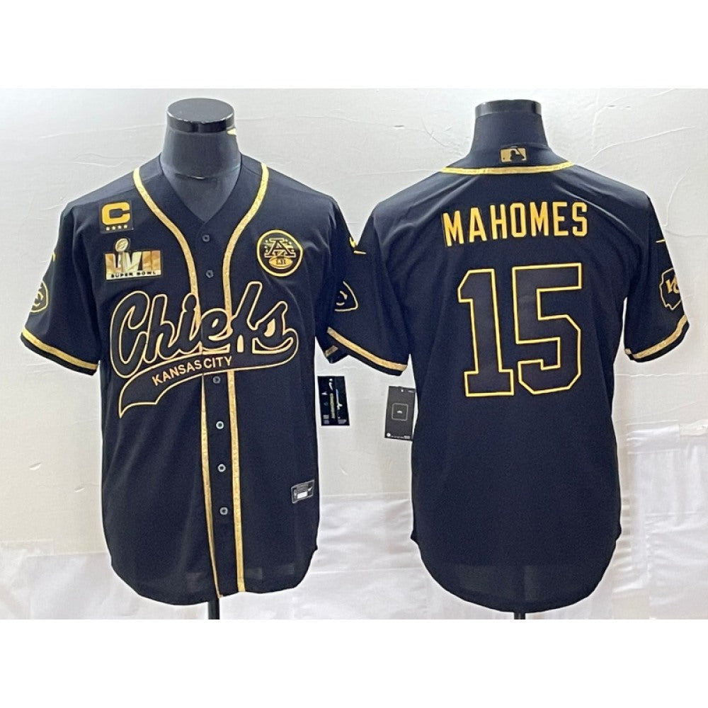 Men's Kansas City Chiefs #15 Patrick Mahomes Black Gold With 4-star C Patch And Super Bowl LVII Patch Cool Bae Stitched Baseball Jersey 