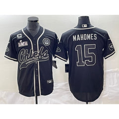 Men's Kansas City Chiefs #15 Patrick Mahomes Black With 4-star C Patch And Super Bowl LVII Patch Cool Bae Stitched Baseball Jersey 