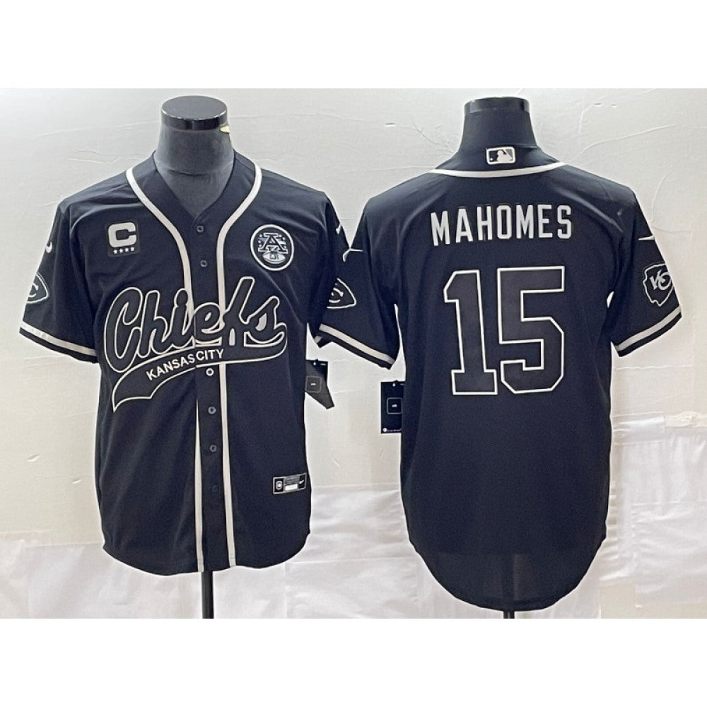 Men's Kansas City Chiefs #15 Patrick Mahomes Black With 4-star C Patch Cool Bae Stitched Baseball Jersey 