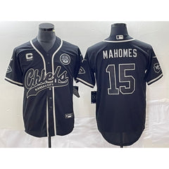 Men's Kansas City Chiefs #15 Patrick Mahomes Black With 4-star C Patch Cool Bae Stitched Baseball Jersey 