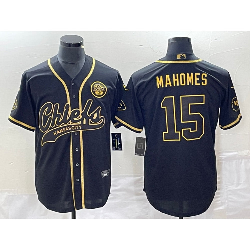 Men's Kansas City Chiefs #15 Patrick Mahomes Black Gold Cool Bae Stitched Baseball Jersey 