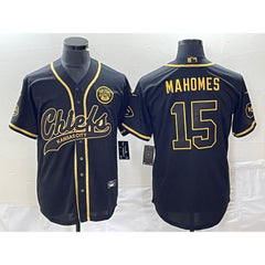 Men's Kansas City Chiefs #15 Patrick Mahomes Black Gold Cool Bae Stitched Baseball Jersey 