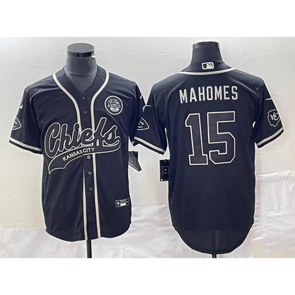 Men's Kansas City Chiefs #15 Patrick Mahomes Black Cool Bae Stitched Baseball Jersey 