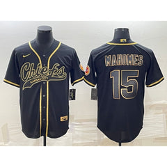 Men's Kansas City Chiefs #15 Patrick Mahomes Black Gold With Patch Cool Base Stitched Baseball Jersey 