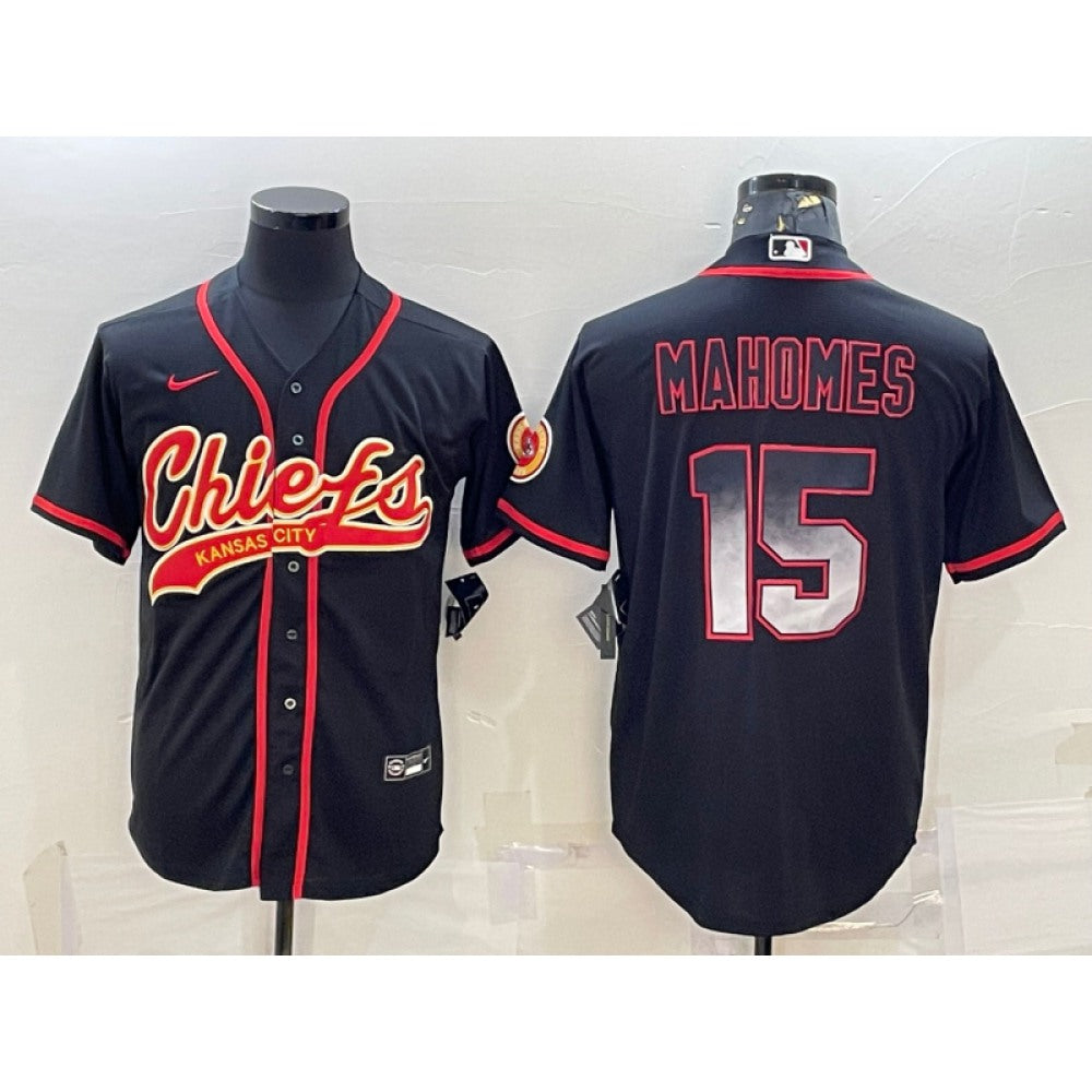 Men's Kansas City Chiefs #15 Patrick Mahomes Black Red With Patch Cool Base Stitched Baseball Jersey 