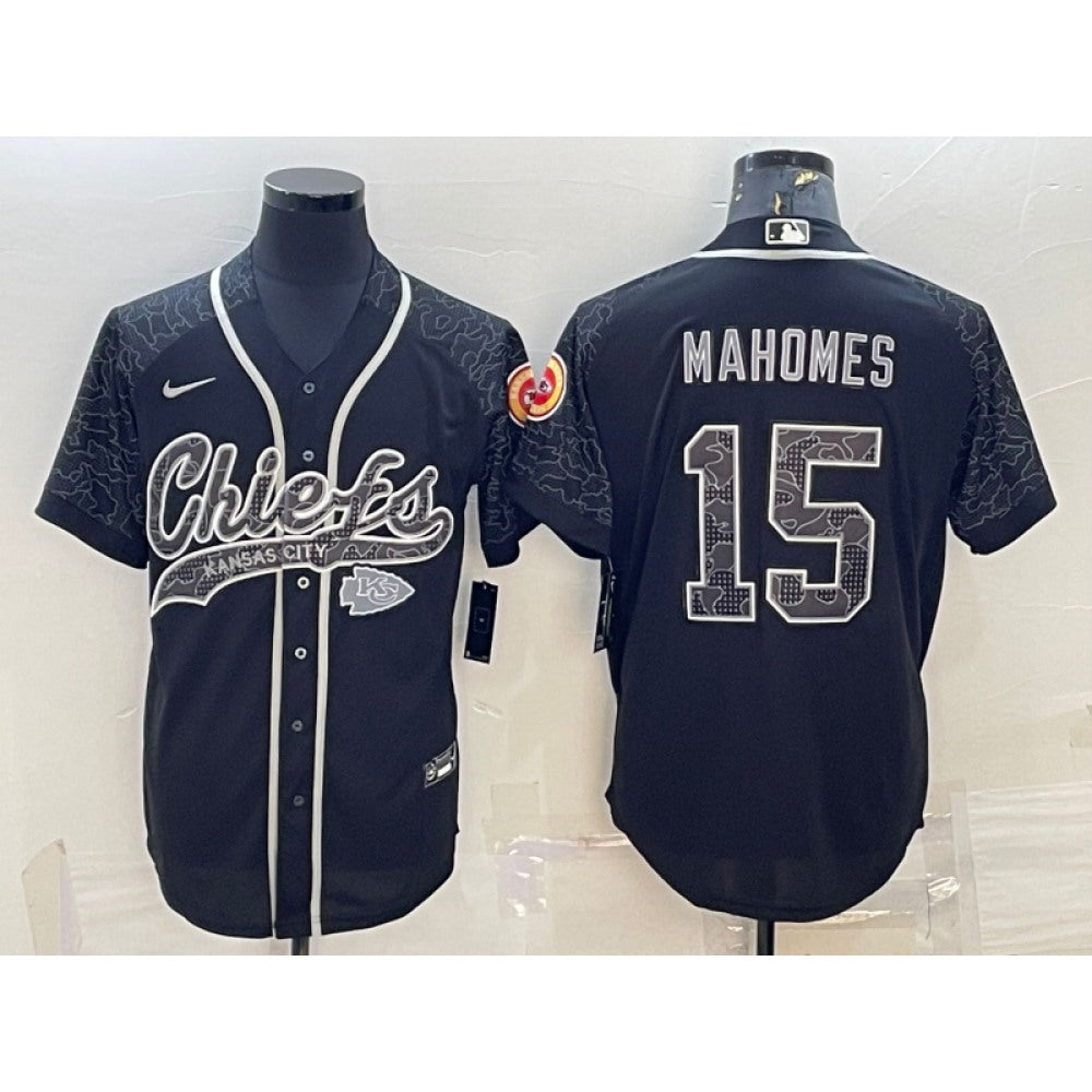 Men's Kansas City Chiefs #15 Patrick Mahomes Black Reflective With Patch Cool Base Stitched Baseball Jersey 