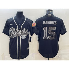 Men's Kansas City Chiefs #15 Patrick Mahomes Black Reflective With Patch Cool Base Stitched Baseball Jersey 