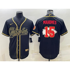 Men's Kansas City Chiefs #15 Patrick Mahomes Black Gold Team Big Logo With Patch Cool Base Stitched Baseball Jersey 