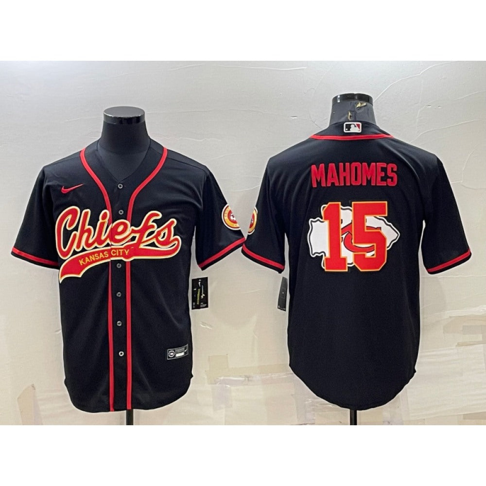 Men's Kansas City Chiefs #15 Patrick Mahomes Black Team Big Logo With Patch Cool Base Stitched Baseball Jersey 