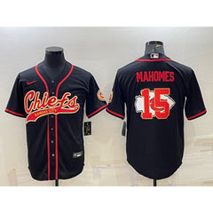 Men's Kansas City Chiefs #15 Patrick Mahomes Black Team Big Logo With Patch Cool Base Stitched Baseball Jersey 