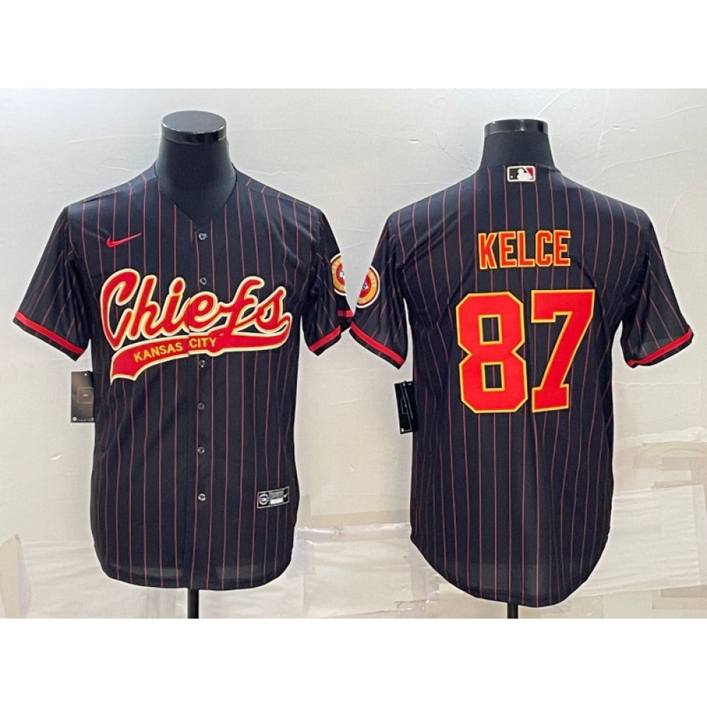 Men's Kansas City Chiefs #87 Travis Kelce Black With Patch Cool Base Stitched Baseball Jersey 