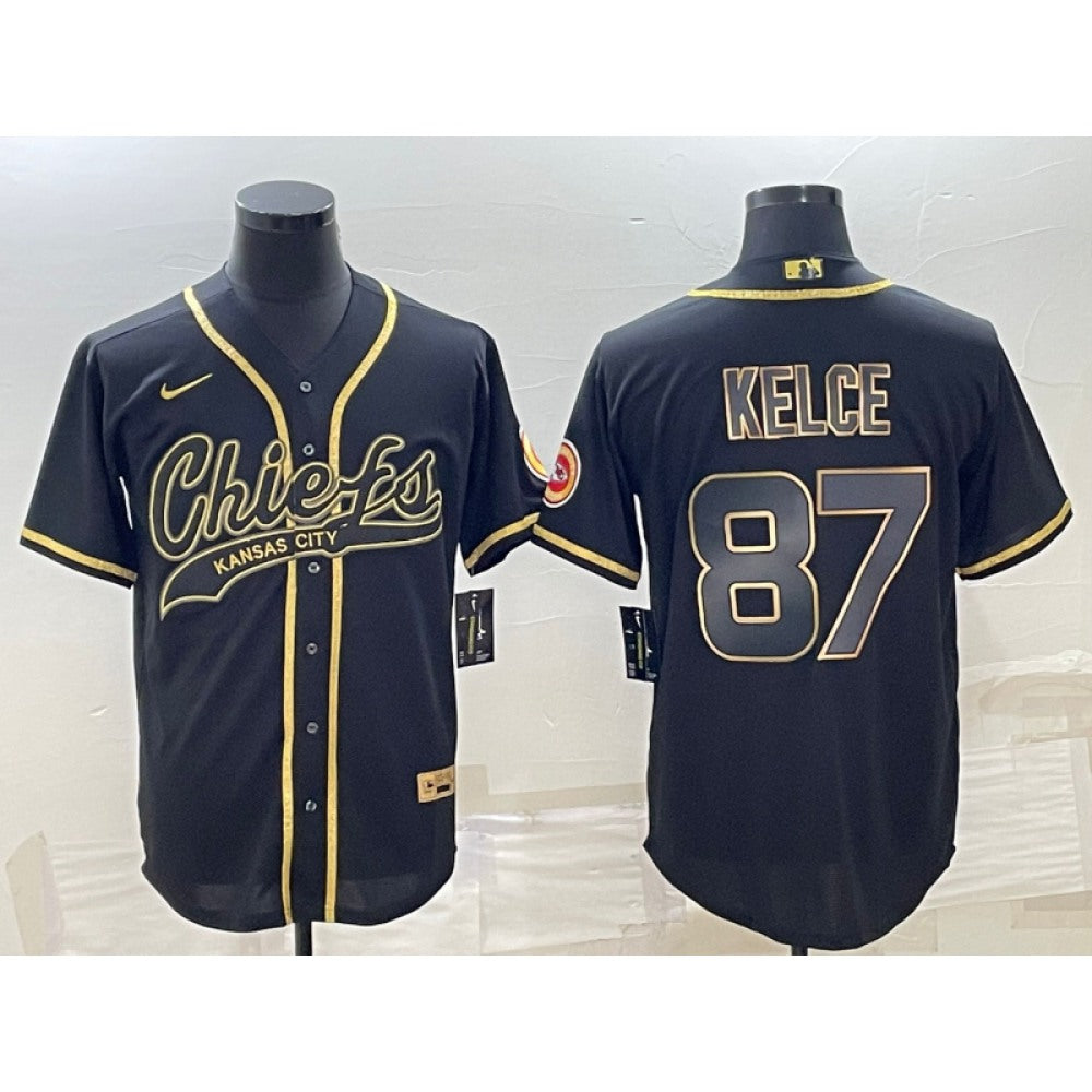 Men's Kansas City Chiefs #87 Travis Kelce Black Gold With Patch Cool Base Stitched Baseball Jersey 