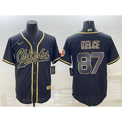 Men's Kansas City Chiefs #87 Travis Kelce Black Gold With Patch Cool Base Stitched Baseball Jersey 
