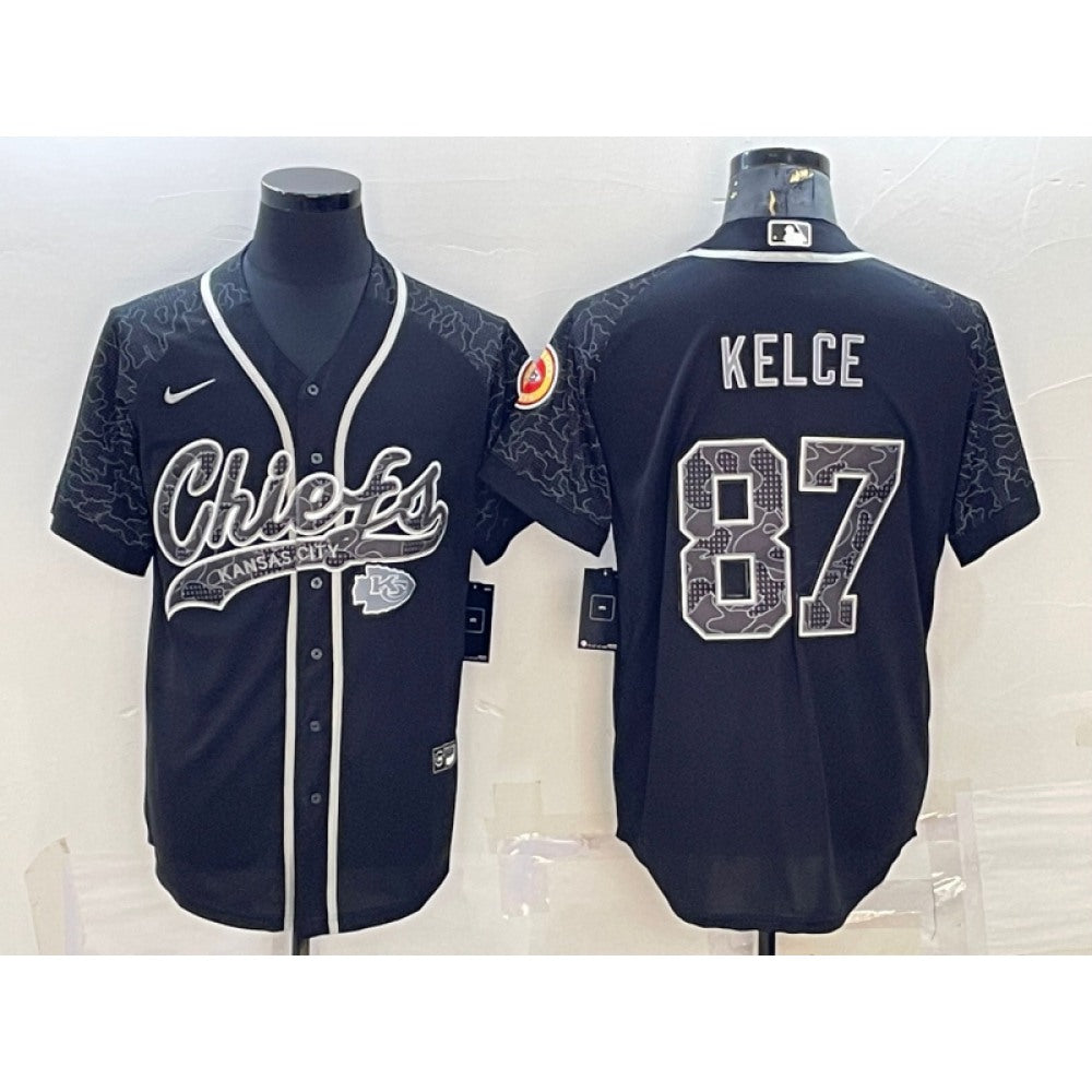 Men's Kansas City Chiefs #87 Travis Kelce Black Reflective With Patch Cool Base Stitched Baseball Jersey 