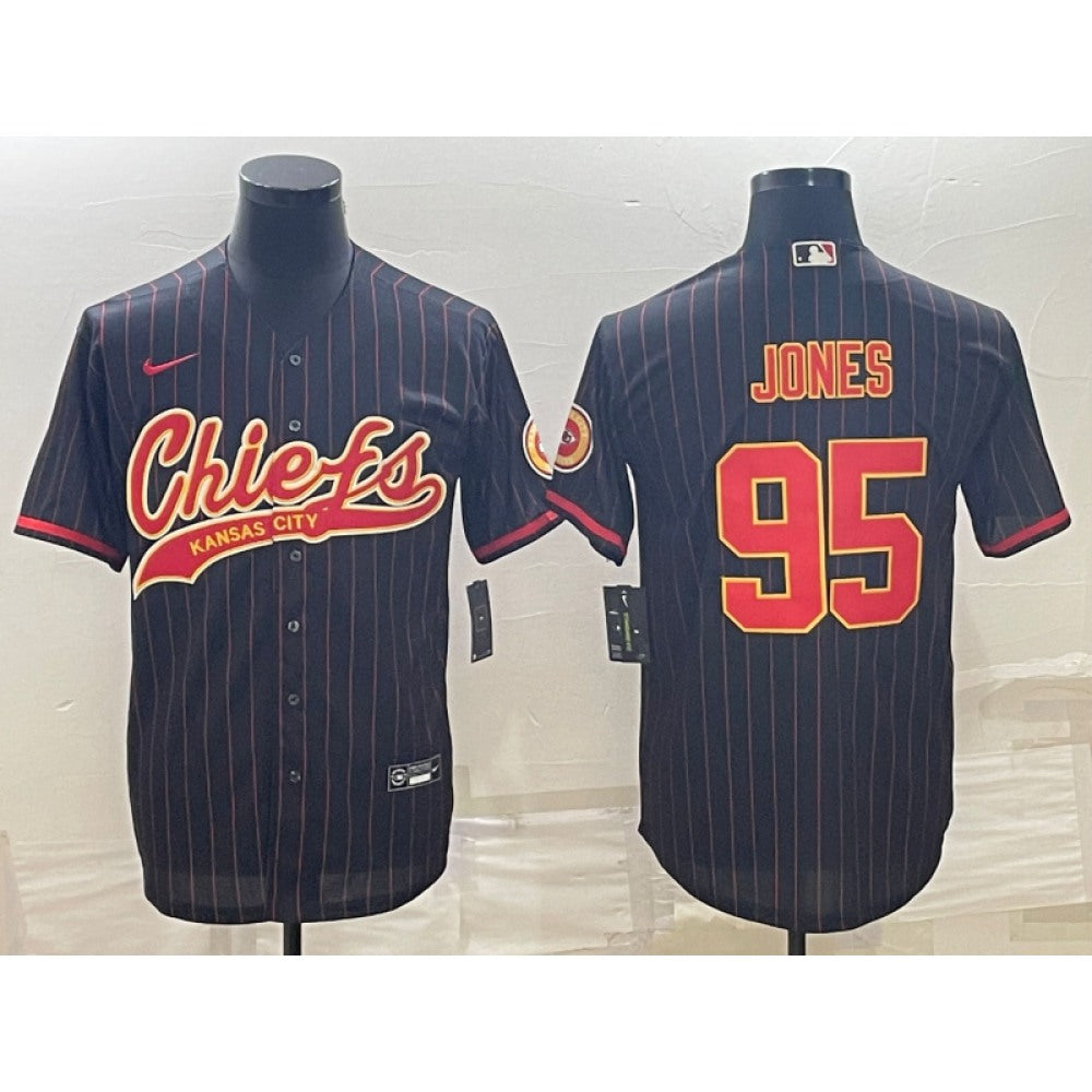 Men's Kansas City Chiefs #95 Chris Jones Black With Patch Cool Base Stitched Baseball Jersey 