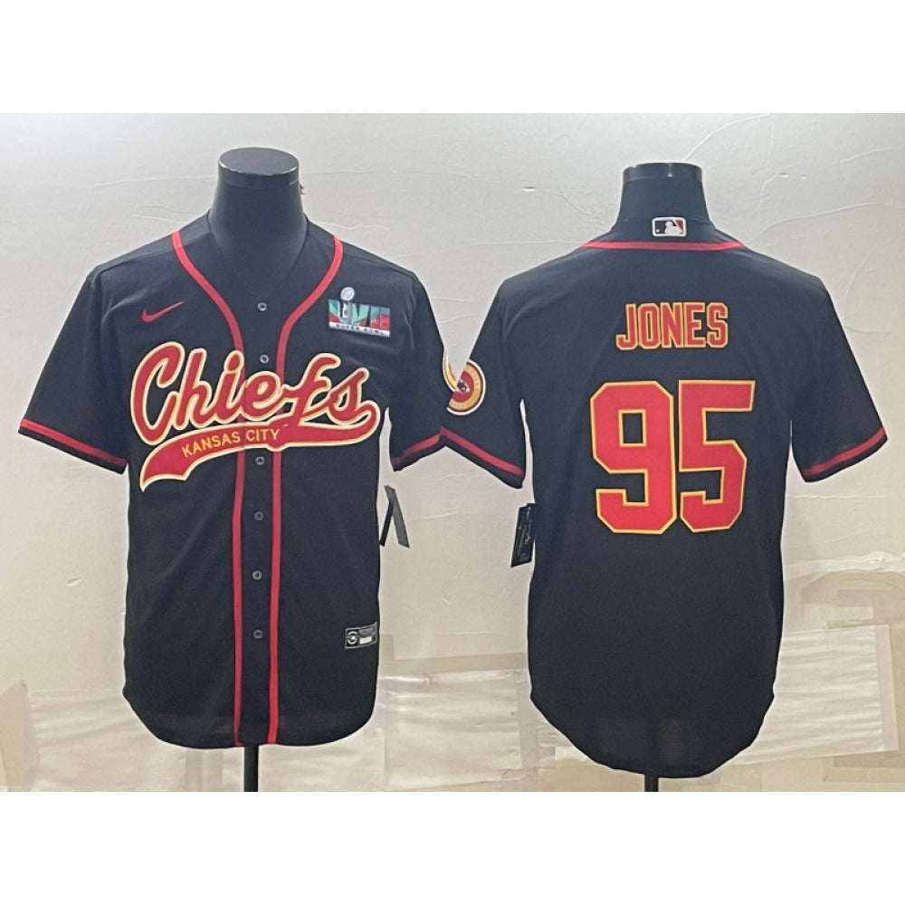 Men's Kansas City Chiefs #95 Chris Jones Black With Super Bowl LVII Patch Cool Base Stitched Baseball Jersey 