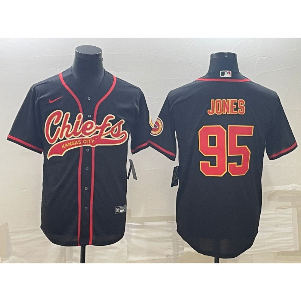 Men's Kansas City Chiefs #95 Chris Jones Black With Patch Cool Base Stitched Baseball Jersey 