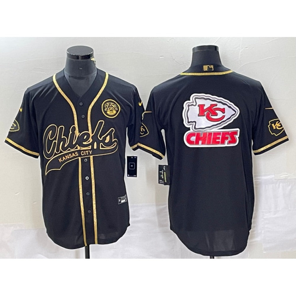 Men's Kansas City Chiefs Black Gold Team Big Logo With Patch Cool Base Stitched Baseball Jersey 