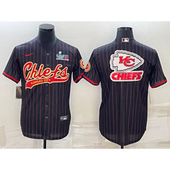 Men's Kansas City Chiefs Black Team Big Logo With Super Bowl LVII Patch Cool Base Stitched Baseball Jersey 