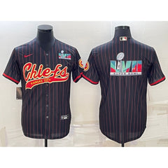 Men's Kansas City Chiefs Black With Super Bowl LVII Big Logo Cool Base Stitched Baseball Jersey 