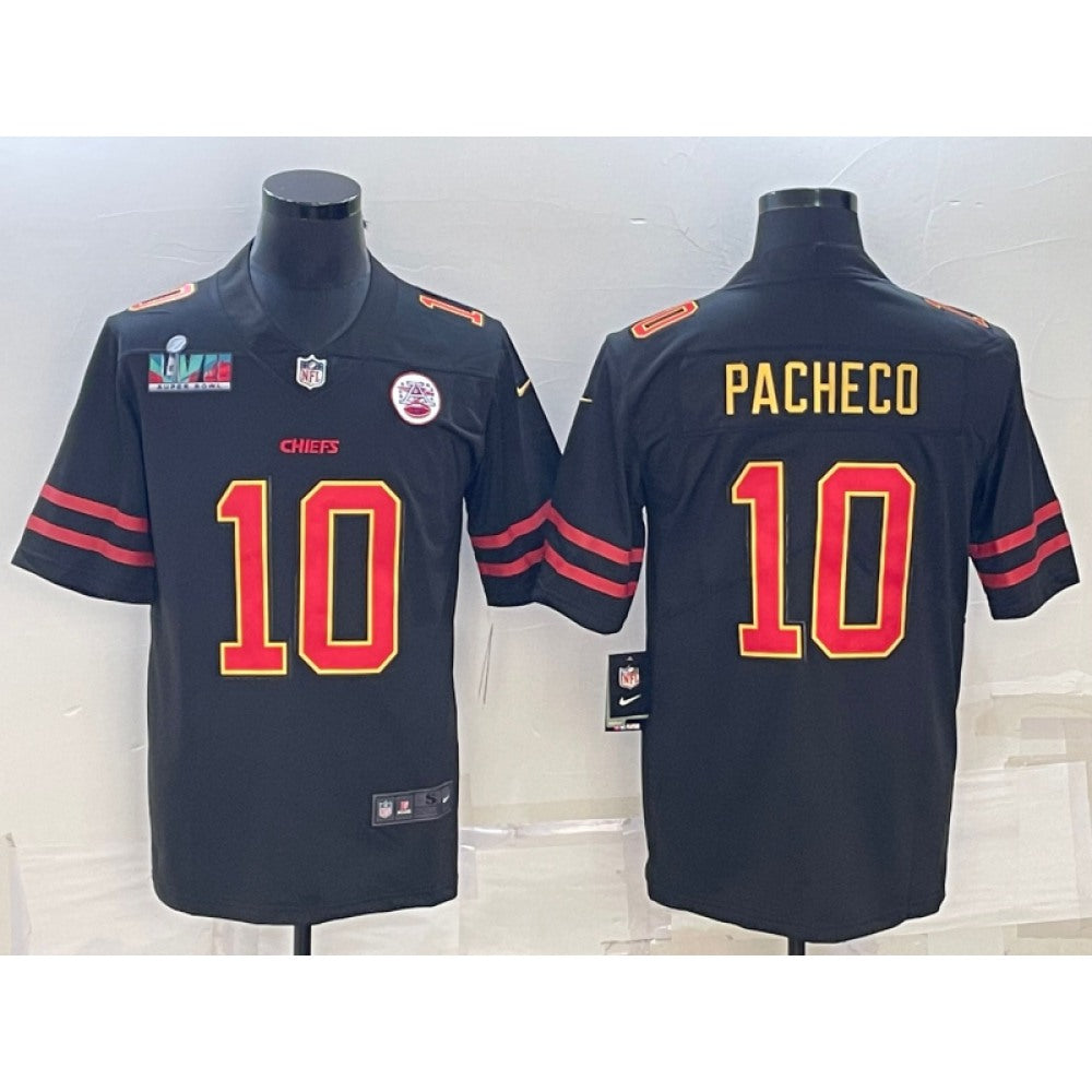 Men's Kansas City Chiefs #10 Isiah Pacheco Black Red Gold Super Bowl LVII Patch Vapor Untouchable Limited Stitched Jersey 