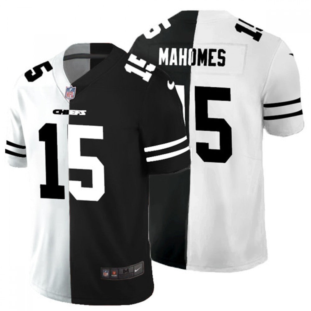Men's Kansas City Chiefs #15 Patrick Mahomes Black & White Split Limited Stitched Jersey 