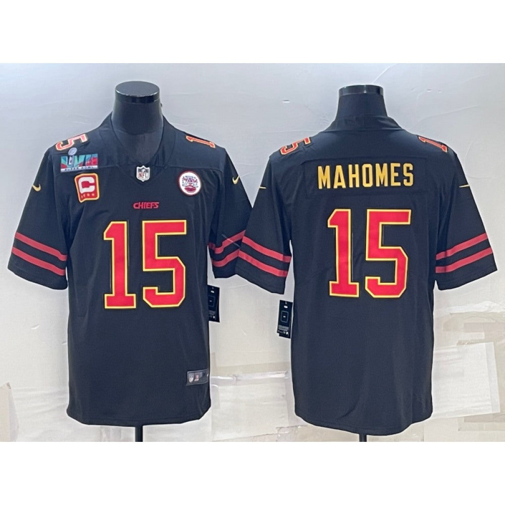 Men's Kansas City Chiefs #15 Patrick Mahomes Black Red Gold Super Bowl LVII Patch And 4-star C Patch Vapor Untouchable Limited Stitched Jersey 