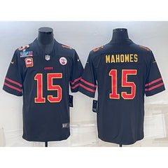 Men's Kansas City Chiefs #15 Patrick Mahomes Black Red Gold Super Bowl LVII Patch And 4-star C Patch Vapor Untouchable Limited Stitched Jersey 