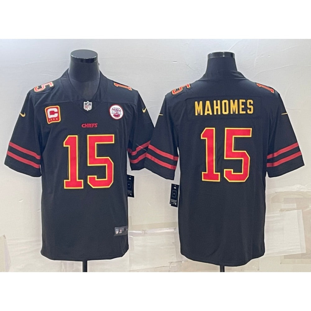 Men's Kansas City Chiefs #15 Patrick Mahomes Black Red Gold 4-star C Patch Vapor Untouchable Limited Stitched Jersey 