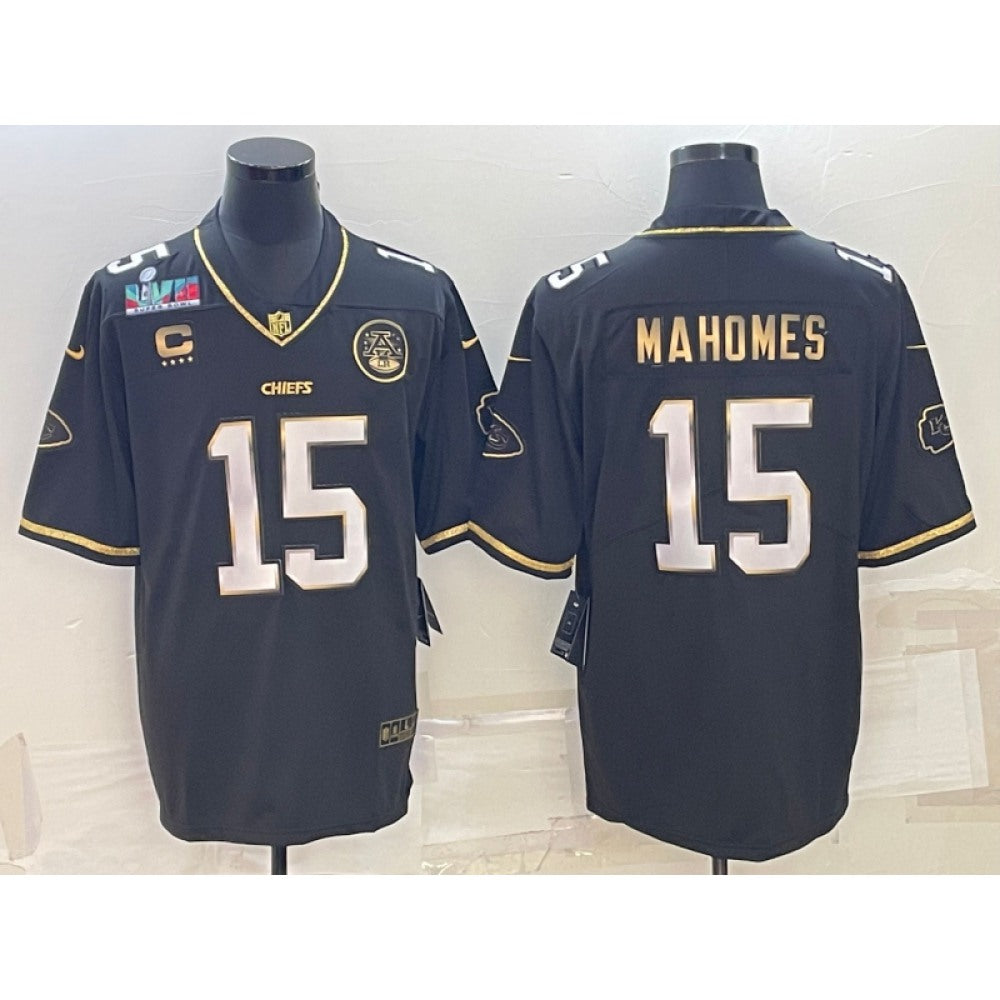 Men's Kansas City Chiefs #15 Patrick Mahomes Black Gold Super Bowl LVII Patch And 4-star C Patch Vapor Untouchable Limited Stitched Jersey 