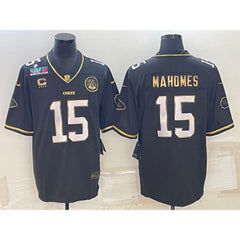 Men's Kansas City Chiefs #15 Patrick Mahomes Black Gold Super Bowl LVII Patch And 4-star C Patch Vapor Untouchable Limited Stitched Jersey 
