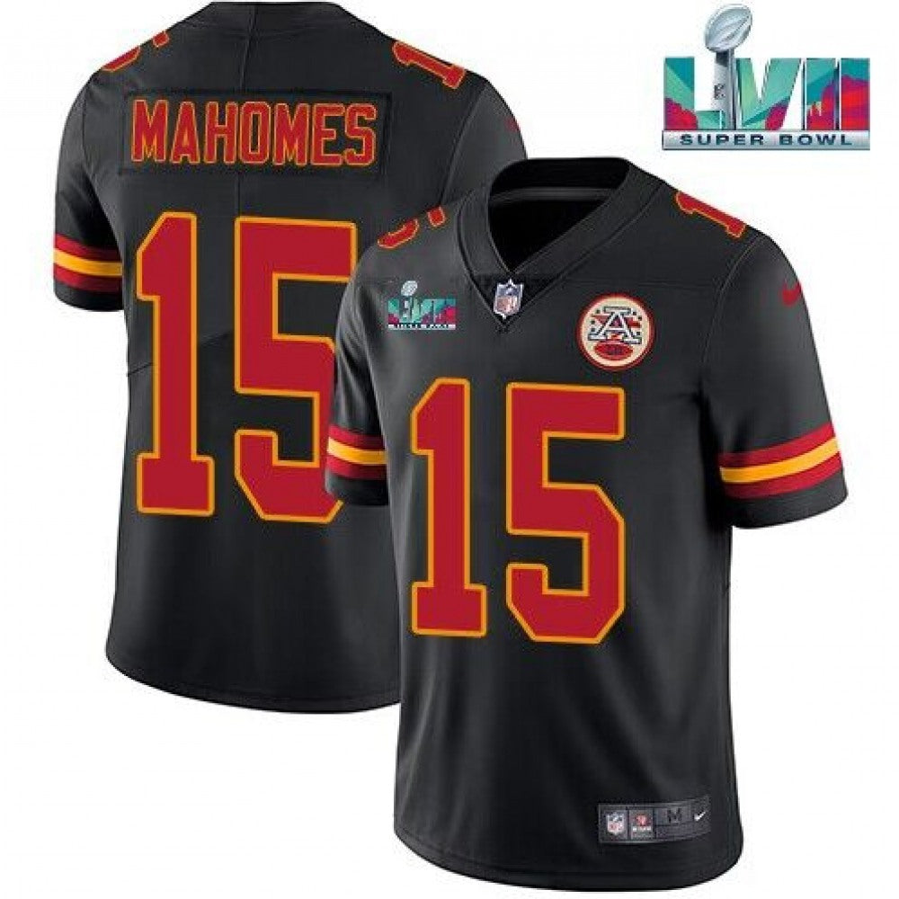 Men's Kansas City Chiefs #15 Patrick Mahomes Black Super Bowl LVII Patch Vapor Untouchable Limited Stitched Jersey 
