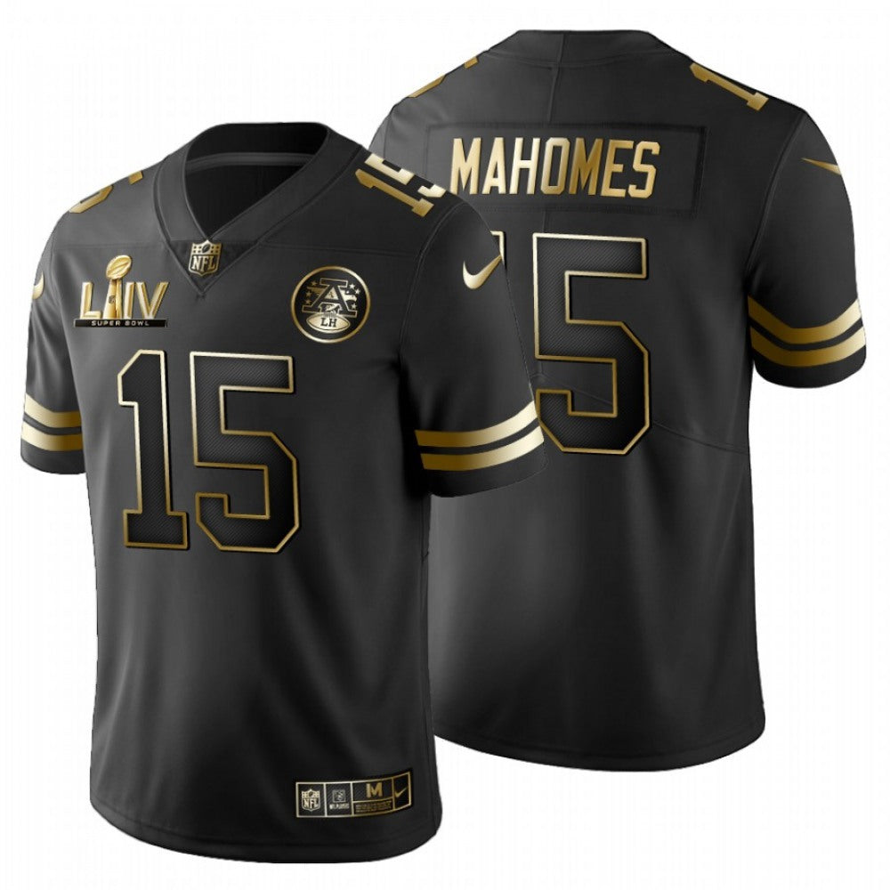 Men's Kansas City Chiefs #15 Patrick Mahomes Black Super Bowl LIV Golden Edition Limited Stitched Jersey 