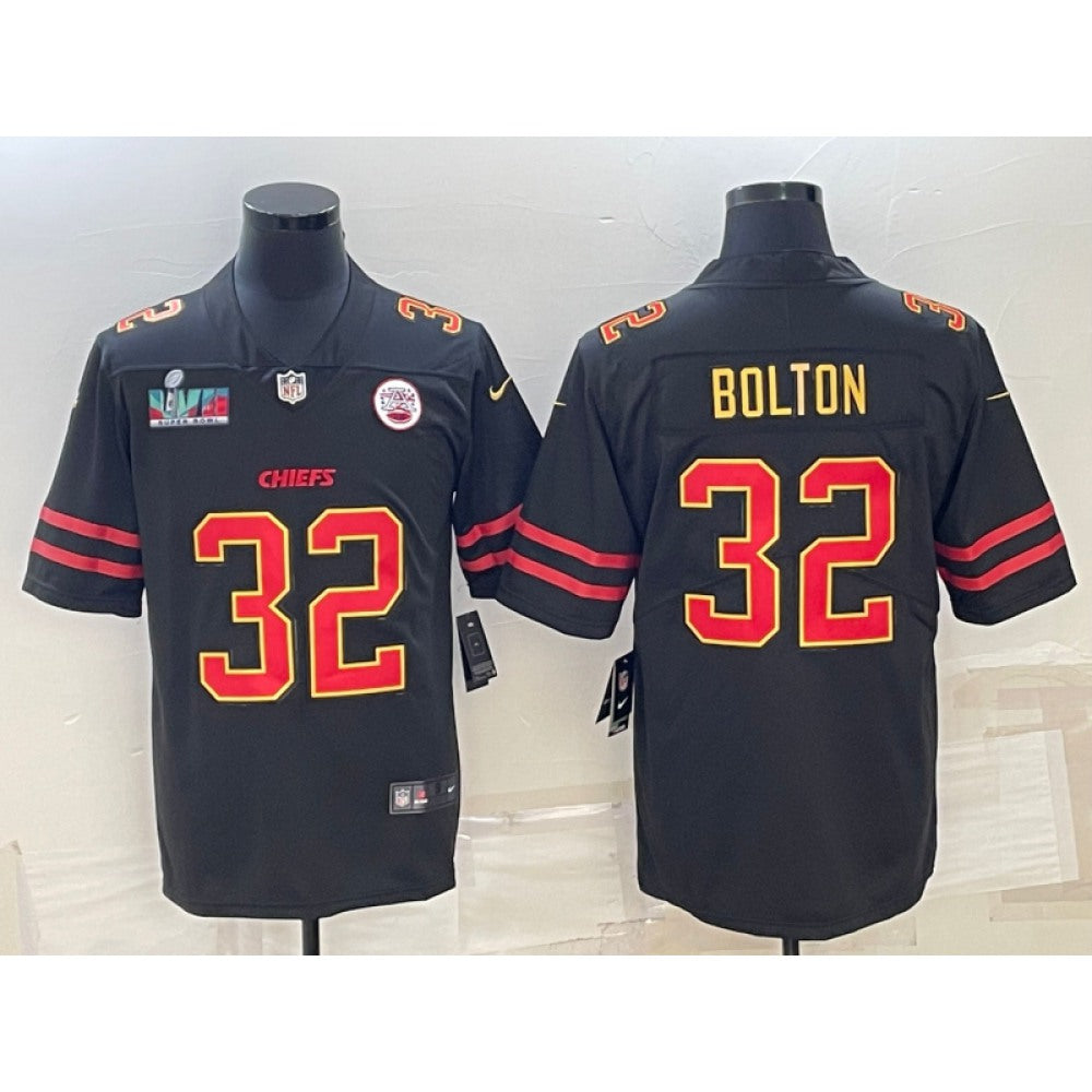 Men's Kansas City Chiefs #32 Nick Bolton Black Red Gold Super Bowl LVII Patch Vapor Untouchable Limited Stitched Jersey 