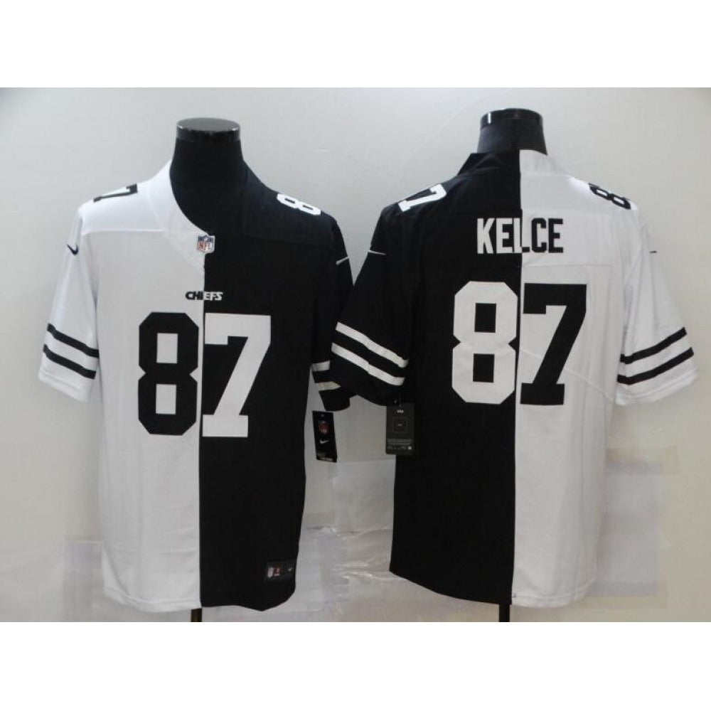 Men's Kansas City Chiefs #87 Travis Kelce Black & White Split Limited Stitched Jersey 