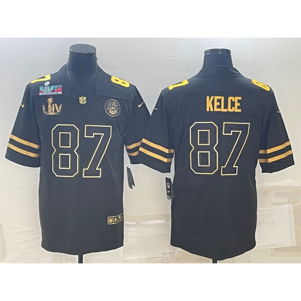 Men's Kansas City Chiefs #87 Travis Kelce Black Golden Super Bowl LV And Super Bowl LVII Patch Vapor Limited Stitched Jersey 