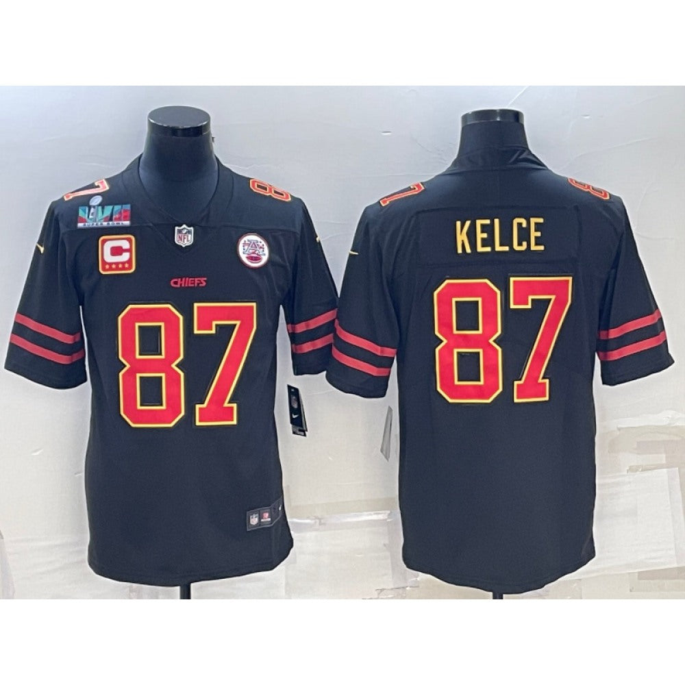 Men's Kansas City Chiefs #87 Travis Kelce Black Red Gold Super Bowl LVII Patch And 4-star C Patch Vapor Untouchable Limited Stitched Jersey 