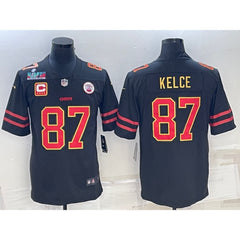 Men's Kansas City Chiefs #87 Travis Kelce Black Red Gold Super Bowl LVII Patch And 4-star C Patch Vapor Untouchable Limited Stitched Jersey 