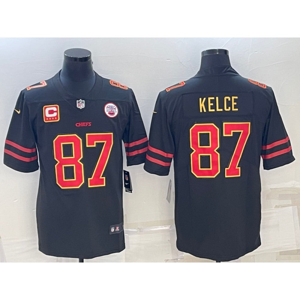 Men's Kansas City Chiefs #87 Travis Kelce Black Red Gold 4-star C Patch Vapor Untouchable Limited Stitched Jersey 