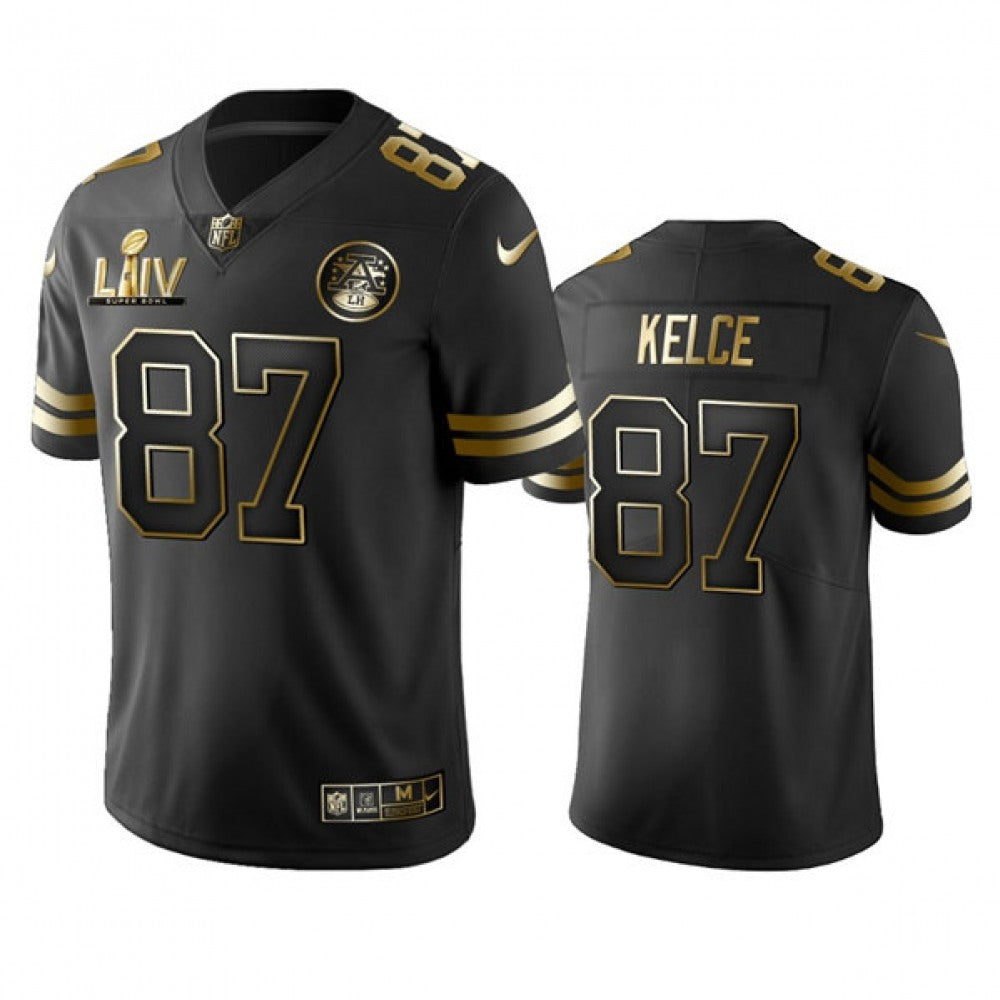 Men's Kansas City Chiefs #87 Travis Kelce Black Golden Super Bowl LV Vapor Limited Stitched Jersey 